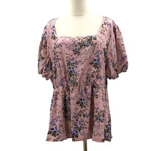 BLOOMCHIC 18-20 2x plus pink floral square neck puff sleeve top blouse NWT B91